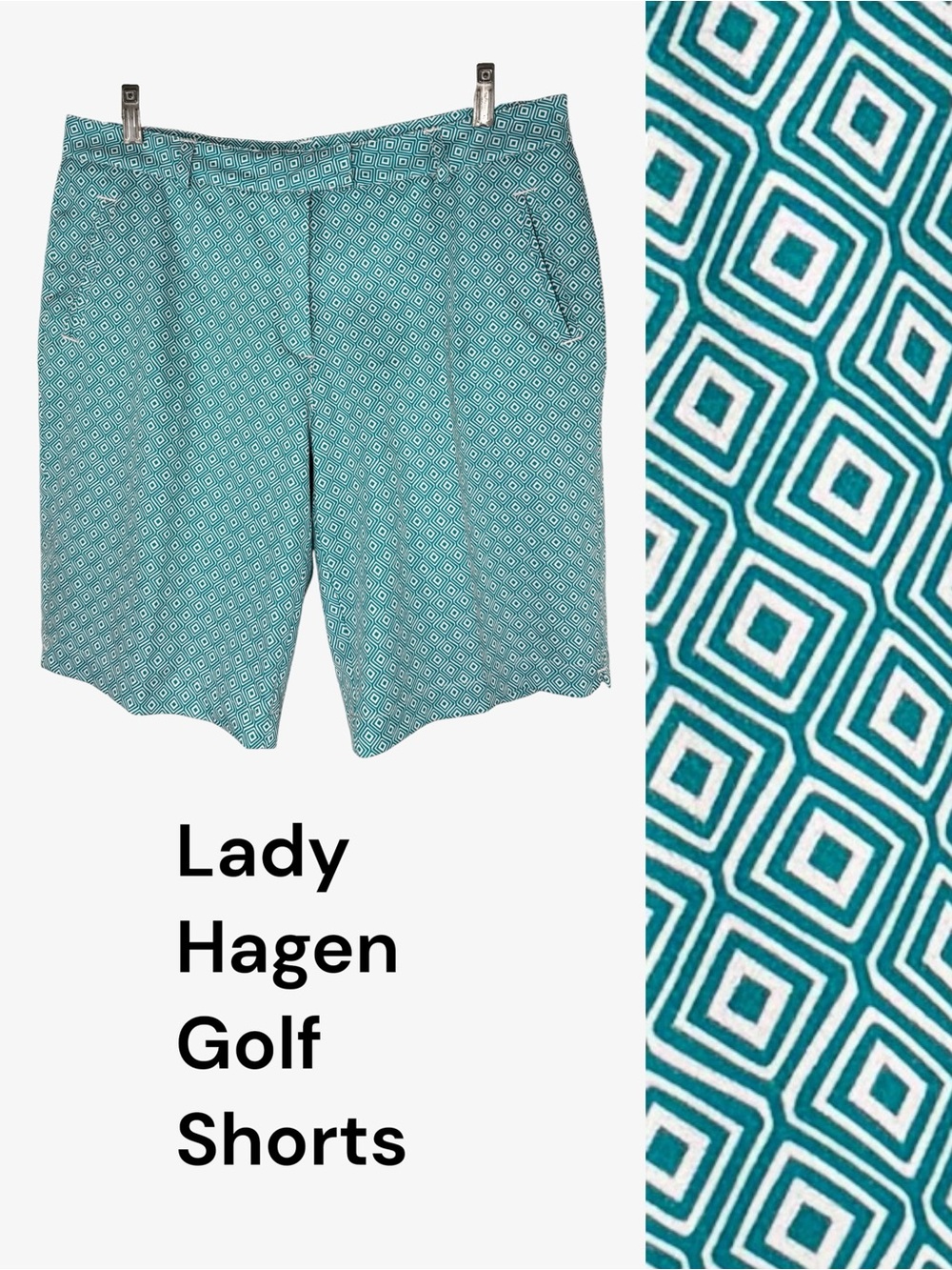 Lady Hagen Teal Geometric Print Bermuda Golf Shorts 10 Stretch Preppy Resort